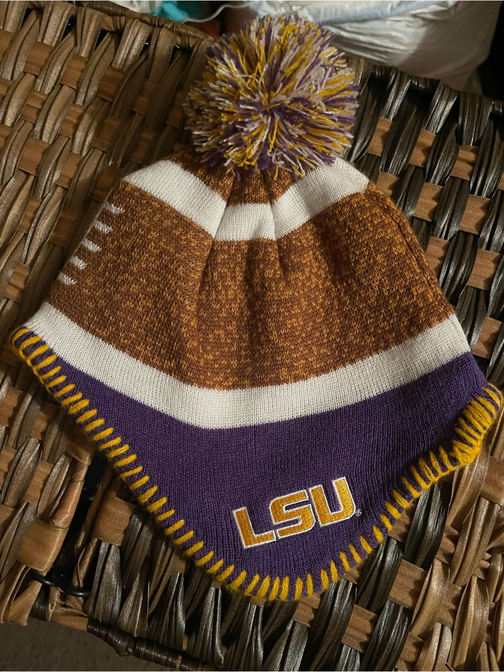 Purple & Gold Pom Beanie Knit Earflap Hat
